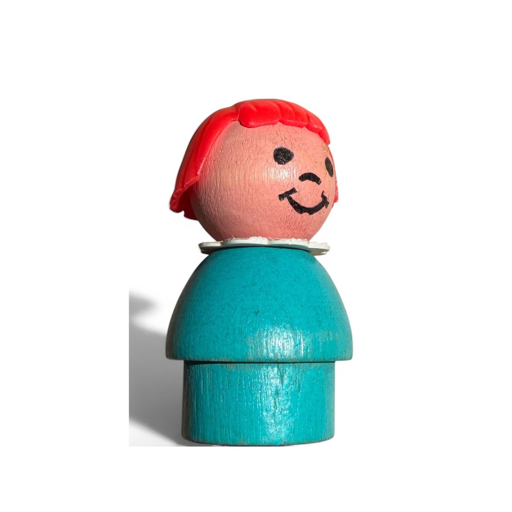 Vintage Fisher Price Little People Girl Turquoise Blue Wood Body Red Hair Bob